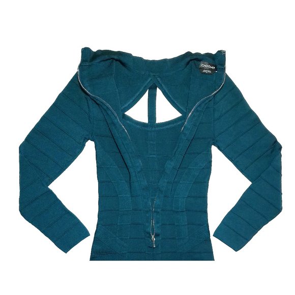 Bebe Dark Teal Mock Neck Cutout Chest Long-Sleeve Stretchy Ribbed Mini Dress - S - Picture 8 of 9